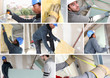 Montage of builders fitting insulation and plasterboard