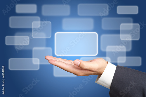 Illustration: Screen Button Interface on Business hand Screen Button Interface on Business hand