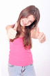 Beautiful young teen girl with brackets on teeth in white