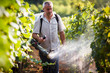 Vintner walking in his vineyard spraying chemicals on his vines
