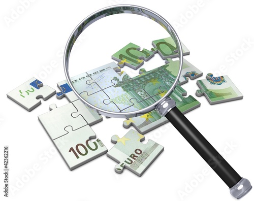 Illustration: Geld Puzzle mit Lupe Geld Puzzle mit Lupe