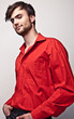 Elegant young handsome man pose on red shirt.