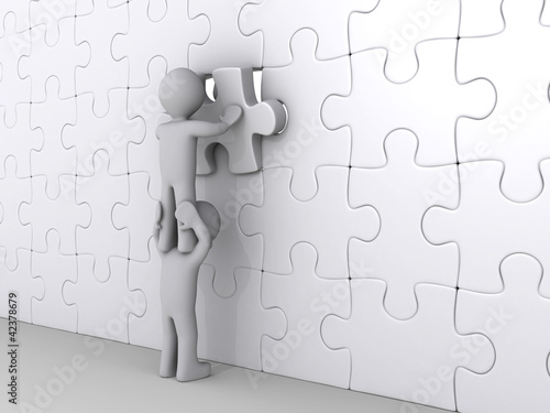 Illustration: Person on top of another putting last piece of puzzle Person on top of another putting last piece of puzzle