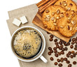 Coffee cup with cookies and cinnamon, isolated on white