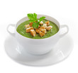 Cream soup with dried crusts isolated on white, studio shot
