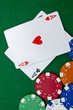 Texas holdem pocket aces on casino table with copy space and chi
