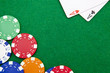 Texas holdem pocket aces on casino table with copy space and chi