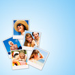 polaroid pictures of holiday people having rest over blue
