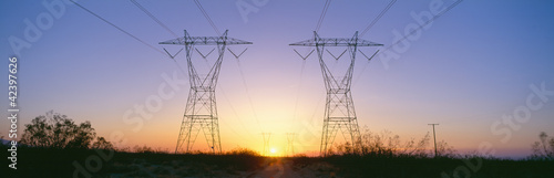 Photo: Sunset on electrical transmission towers near Lancaster, California Sunset on electrical transmission towers near Lancaster, California