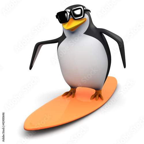 Illustration: 3d Penguin in glasses on surfboard 3d Penguin in glasses on surfboard