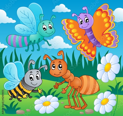 Vector: Meadow with various bugs theme 2 Meadow with various bugs theme 2