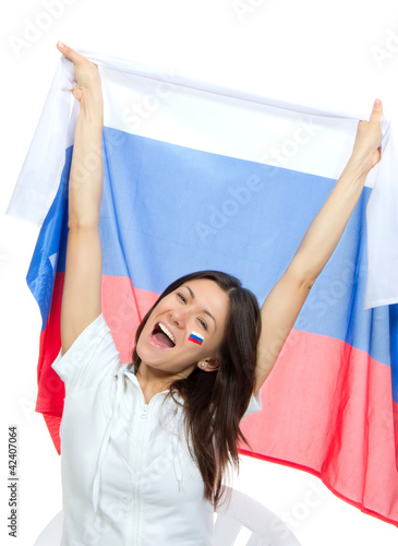 Foto: Soccer girl fan with russian national flag shouting Soccer girl fan with russian national flag shouting