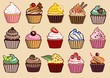 9 different colorful delicious cupcakes vector illustration