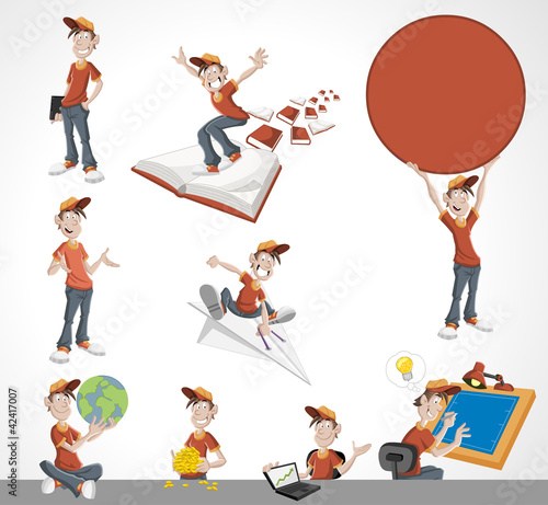 Vettoriale: Cartoon kid. Mascot boy wearing red t-shirt and hat. Cartoon kid. Mascot boy wearing red t-shirt and hat.