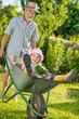 Photo: Grandfather giving granddaughter ride in wheelbarrow Grandfather giving granddaughter ride in wheelbarrow