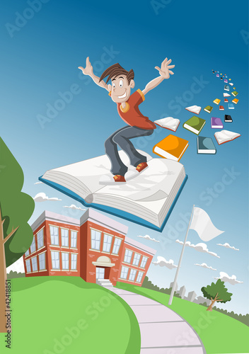 Vector: Cartoon boy flying on big book over school Cartoon boy flying on big book over school
