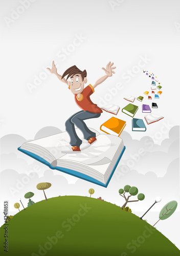 Vector: Cartoon boy flying on big book Cartoon boy flying on big book