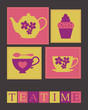Illustration of cute teacups, teapot and a cupcake.