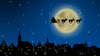 Weihnachtsmann und Rentierschlitten über einer Stadtkulisse