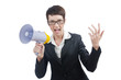 Young business lady screaming to loudspeaker
