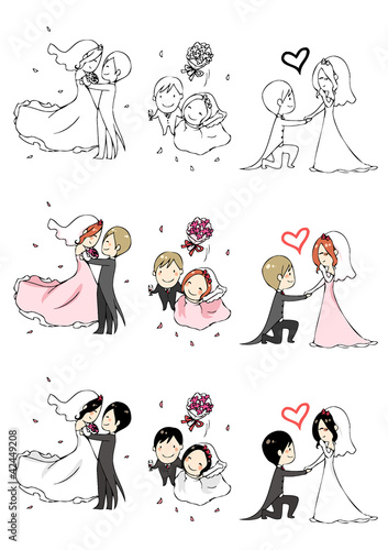 Vector: lovely bride and groom with 3 actions lovely bride and groom with 3 actions