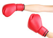 Red boxing gloves on hands isolated on white