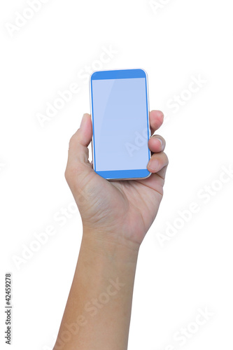 Photo: hand holding smartphone isolated with clipping path hand holding smartphone isolated with clipping path