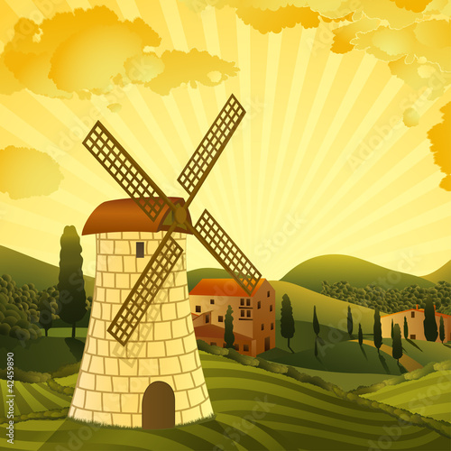 Vektor: Rural landscape with a mill Rural landscape with a mill