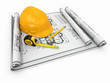 Construction concept. Hardhat, blueprint and rulers.