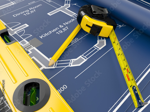 Illustration: Construction Concept. Blueprint, level and rulers Construction Concept. Blueprint, level and rulers