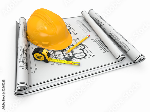 Illustration: Construction concept. Hardhat, blueprint and rulers. Construction concept. Hardhat, blueprint and rulers.