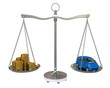 Money and the car in the gold balance scales