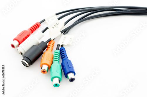 Photo: Audio and video cables connectors isolated on white background Audio and video cables connectors isolated on white background