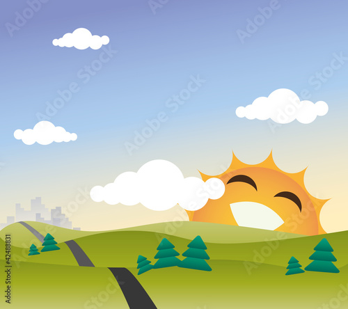 Vector: simple summer landscape with cute smiling sun simple summer landscape with cute smiling sun