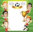 Children Soccer champion with winners trophy and scoreboard.