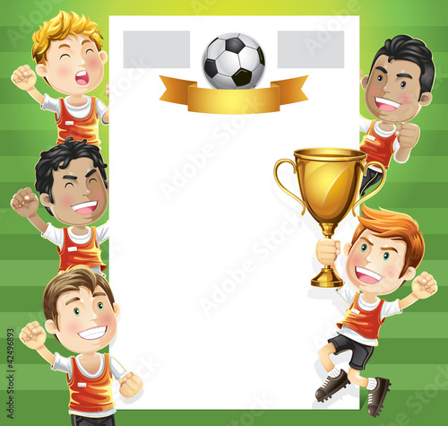 Vektor: Children Soccer champion with winners trophy and scoreboard. Children Soccer champion with winners trophy and scoreboard.