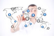 Illustration: Man touch world map and initiates communication Man touch world map and initiates communication