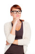 Foto: rothaarige frau mit brille überlegt rothaarige frau mit brille überlegt
