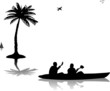 Man and woman kayaking  near the palm trees silhouette