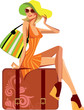 Vector: traveler woman sitting on suitcase traveler woman sitting on suitcase