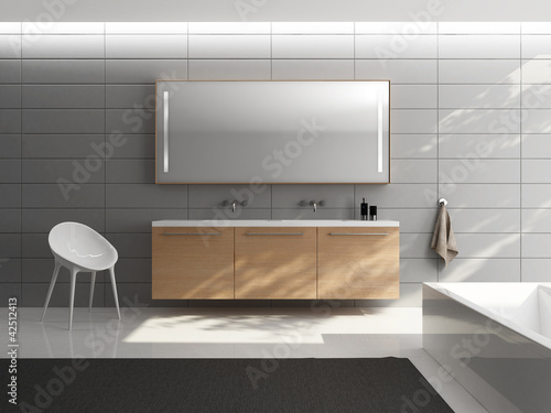 Illustration: Grey minimal elegant luxury bathroom, wood sink Grey minimal elegant luxury bathroom, wood sink