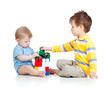Photo: two kids brothers paly together, isolated on white background two kids brothers paly together, isolated on white background