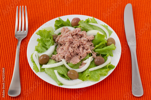 Photo: tuna salad with olives in white plate tuna salad with olives in white plate
