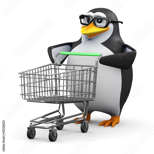 Illustration: 3d Penguin in glasses with shopping trolley 3d Penguin in glasses with shopping trolley
