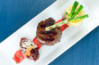 Veal with mashed potatoes green onion and mustard sauce