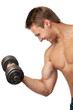 Photo: Muscular young man lifting a dumbbell over white Muscular young man lifting a dumbbell over white