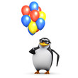3d Penguin in glasses with colourful balloons