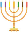 Ornate golden menorah with candles on a white background