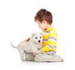 Photo: kid hugging puppy on white background kid hugging puppy on white background