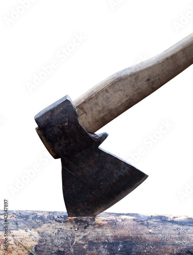 Photo: Axe in log isolated on white background Axe in log isolated on white background